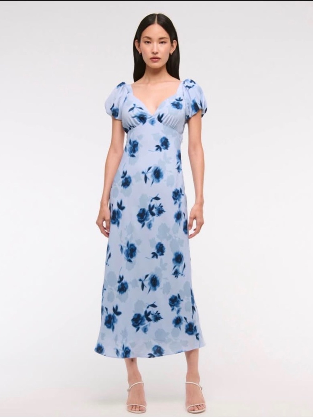 Abercrombie & Fitch Light Blue Floral Maxi Dress with Puff Sleeves